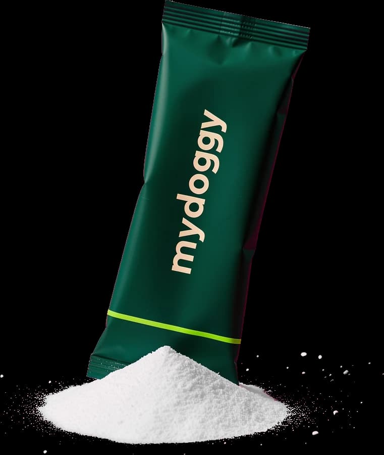 MyDoggy Peptide Powder stick sachet with a pile of the powder
